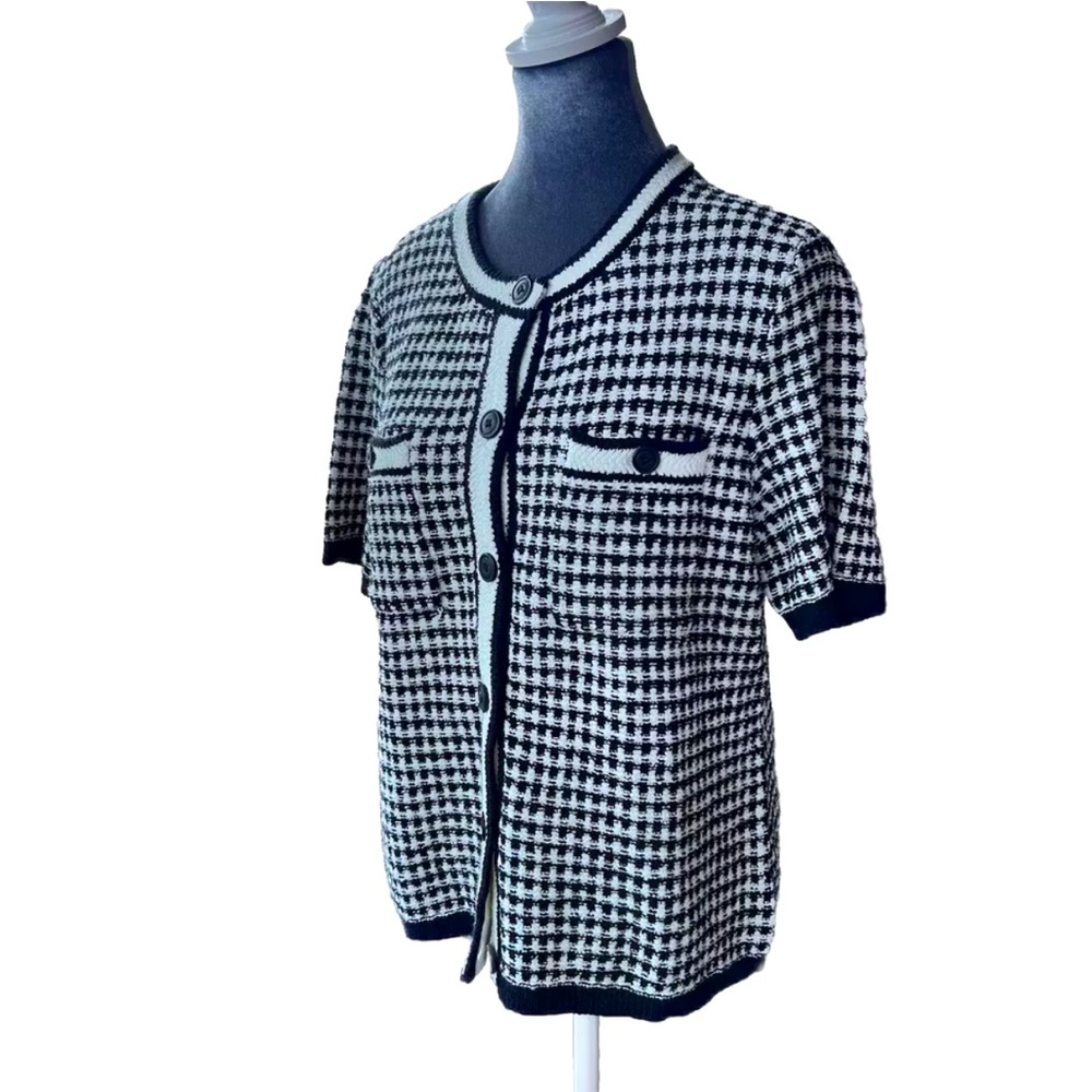 Talbots Short Sleeve Cardigan Check Jacquard Womens Size Medium Black White